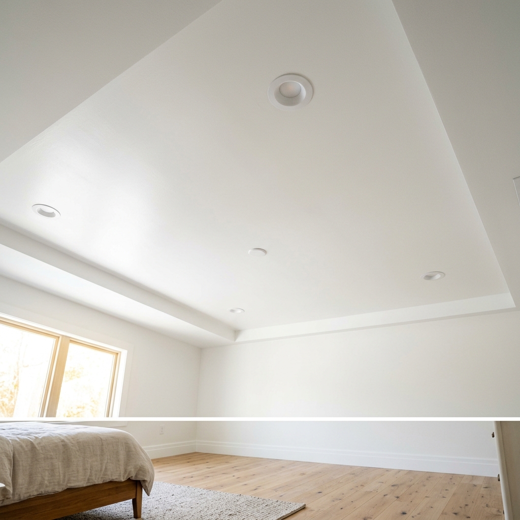 Ceiling after — Level 5 smooth finish, recessed lighting installed