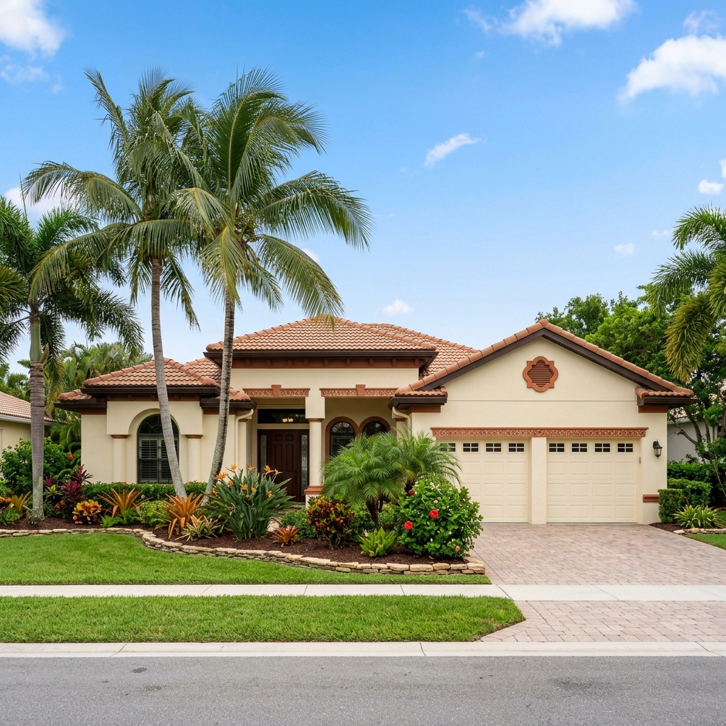 Exterior after restoration — clean cream stucco, fresh tropical landscaping
