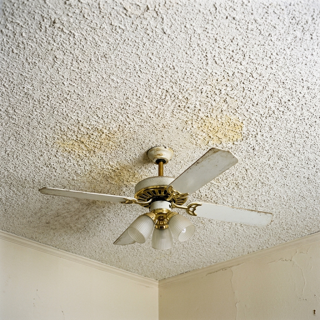 Ceiling before — heavy popcorn acoustic texture, yellowed