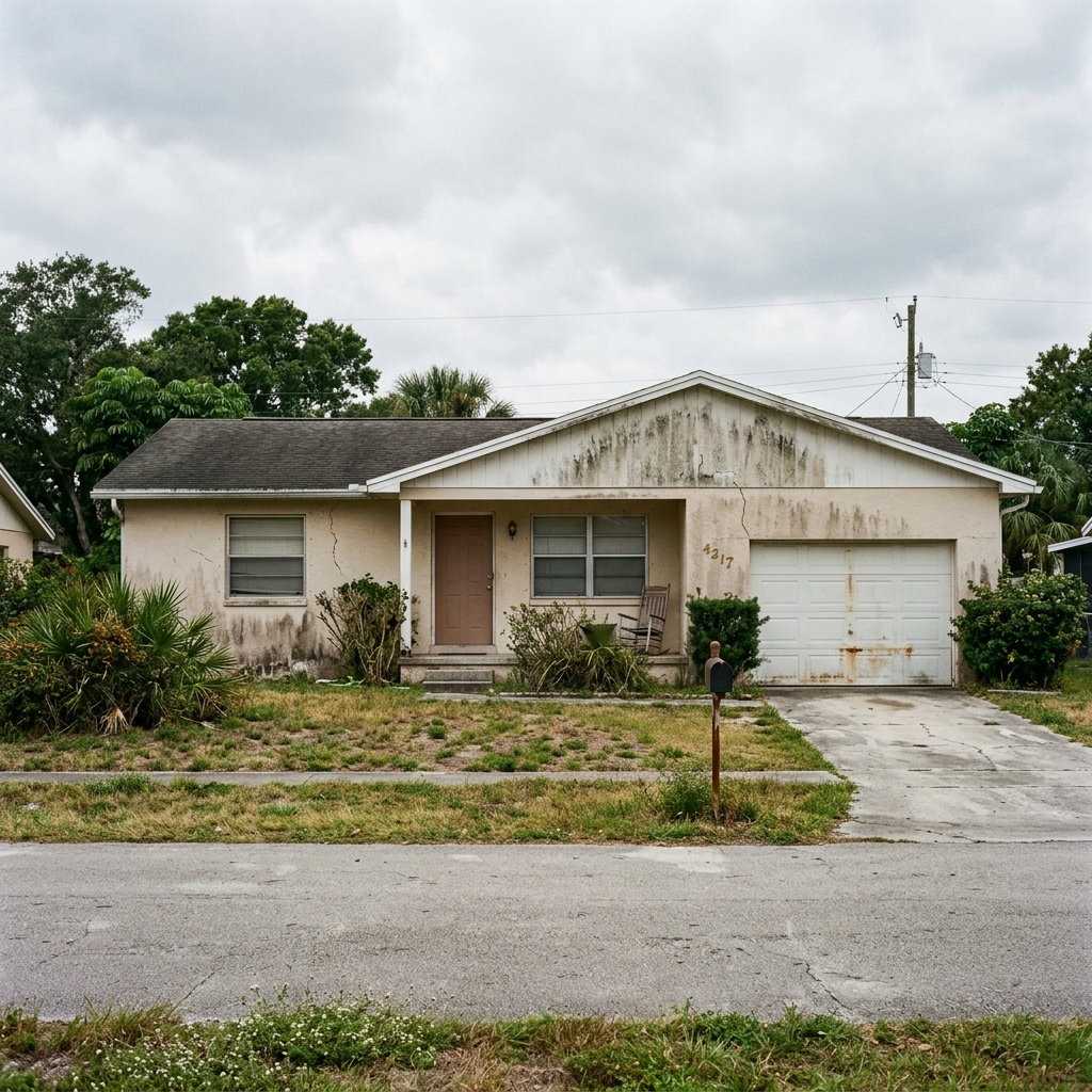 Exterior before restoration — mold staining, faded stucco